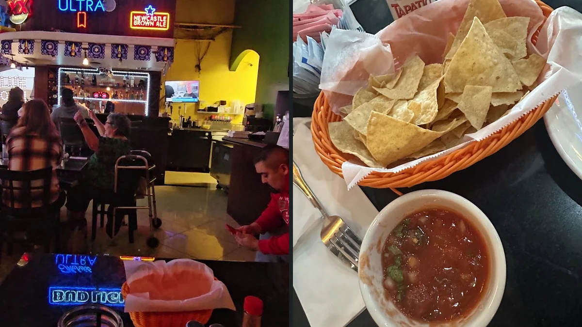 Colorful Mexican restaurant dining room with table service.